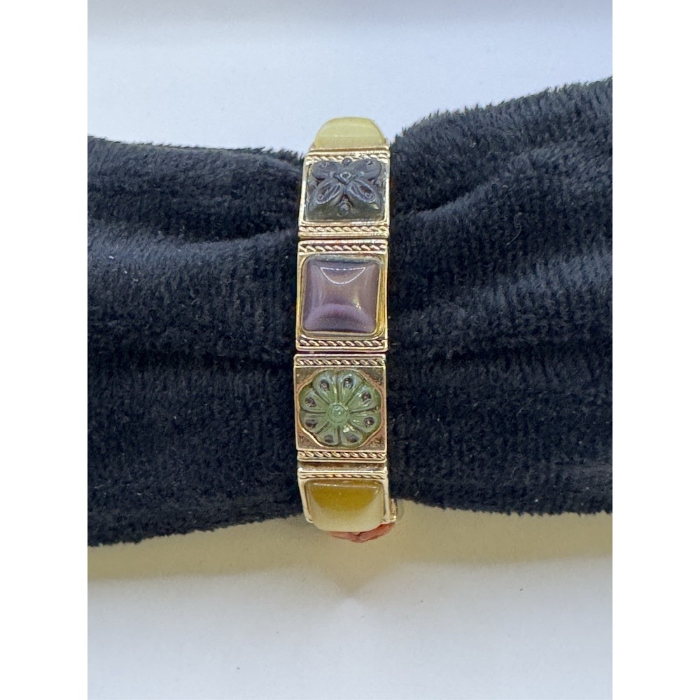 Vintage Gold Tone Carved Gemstone Panel Bracelet 7.5" Stretch
